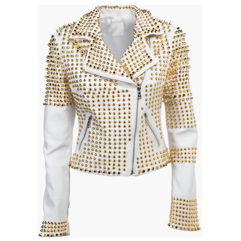 Women Golden Studded Jacket Premium Leather Zippered Spiked Brando Jacket Golden Studded Punk Jacket